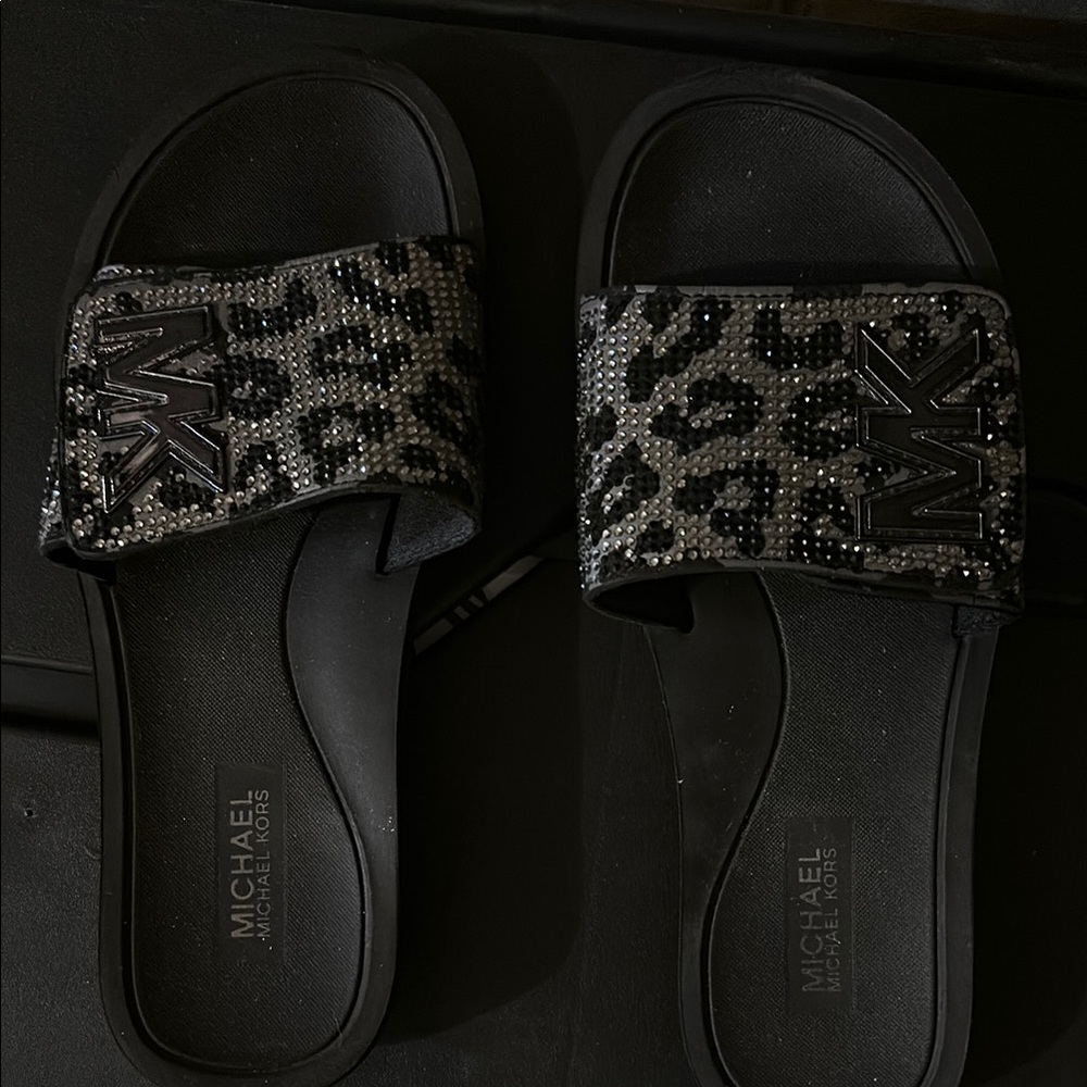 Black and Silver Slide Sandals